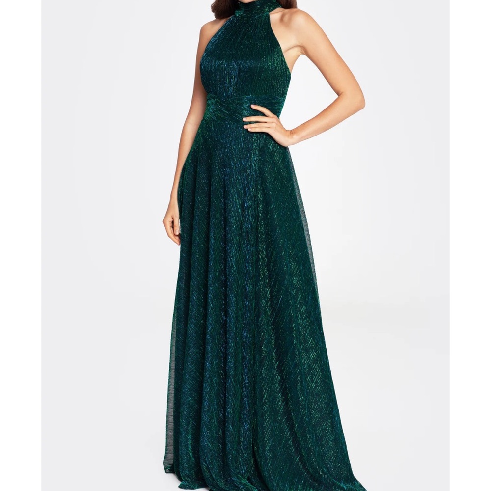 Betsy & Adam “PEYTON" Metallic Halter Wrap Emerald Green Bridesmaids Dress Gown